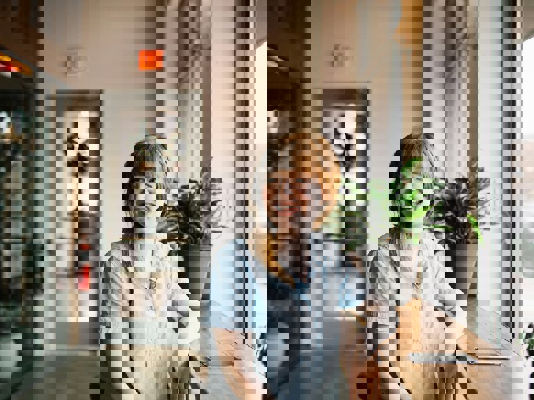 Smiling woman by a window